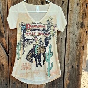 Vtg Buffalo Bill's Real West T-shirt V-neck Graphic Western Print Horse Sz S/USA